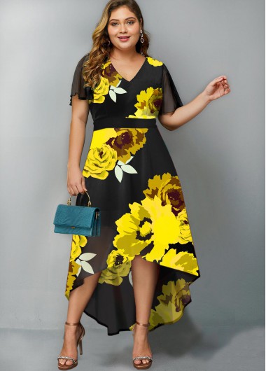 yellow flower print long tail gown