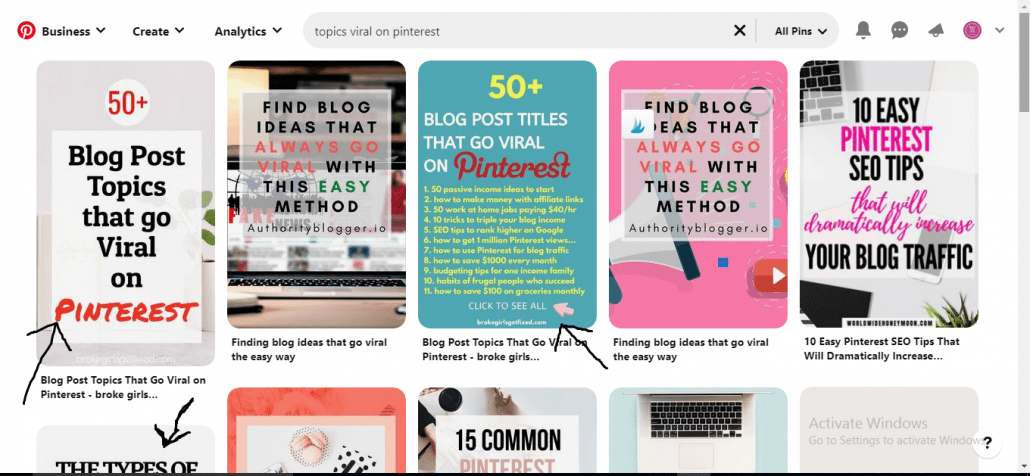 Ranking number one on Pinterest using keyword search.