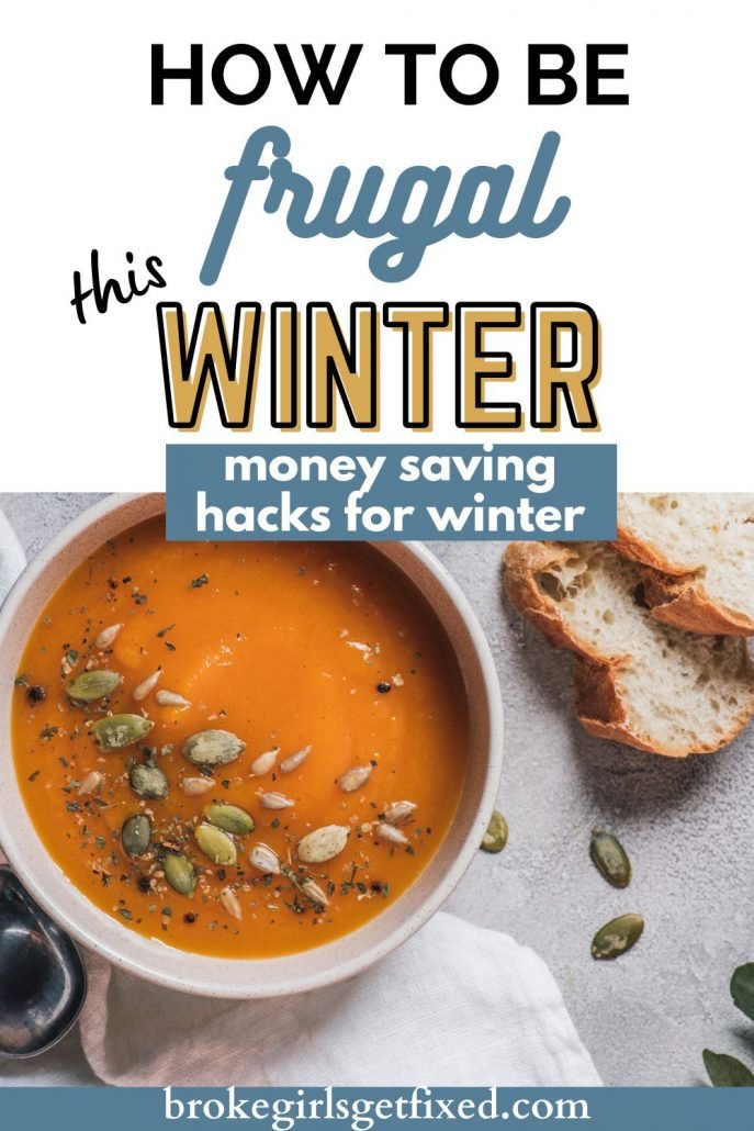 frugal winter hacks. soup in a white bowl with homemade bread.